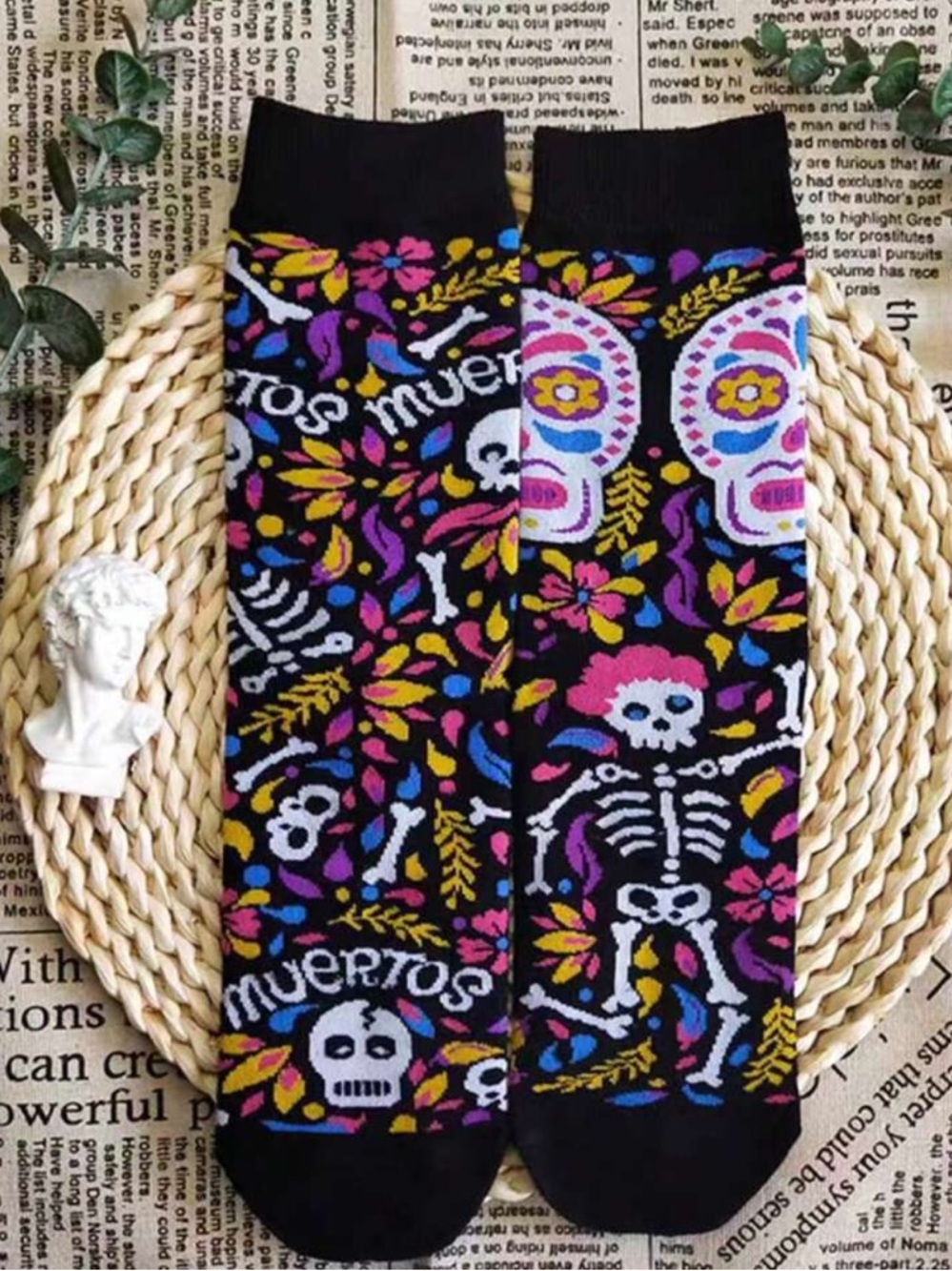 Day of the Dead Black Crew Socks with Colorful Skull Design